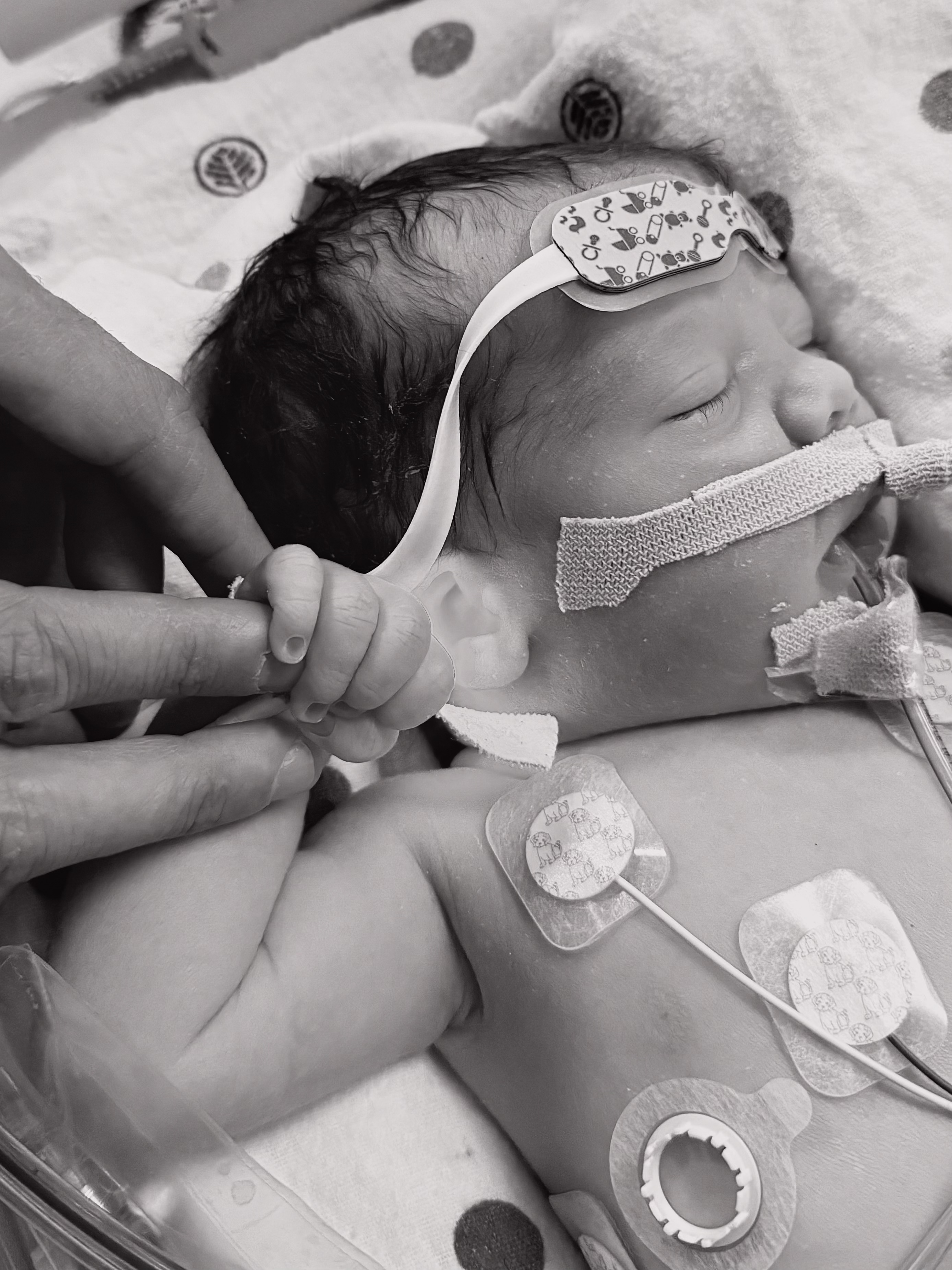 Samuel gripping a finger in the NICU